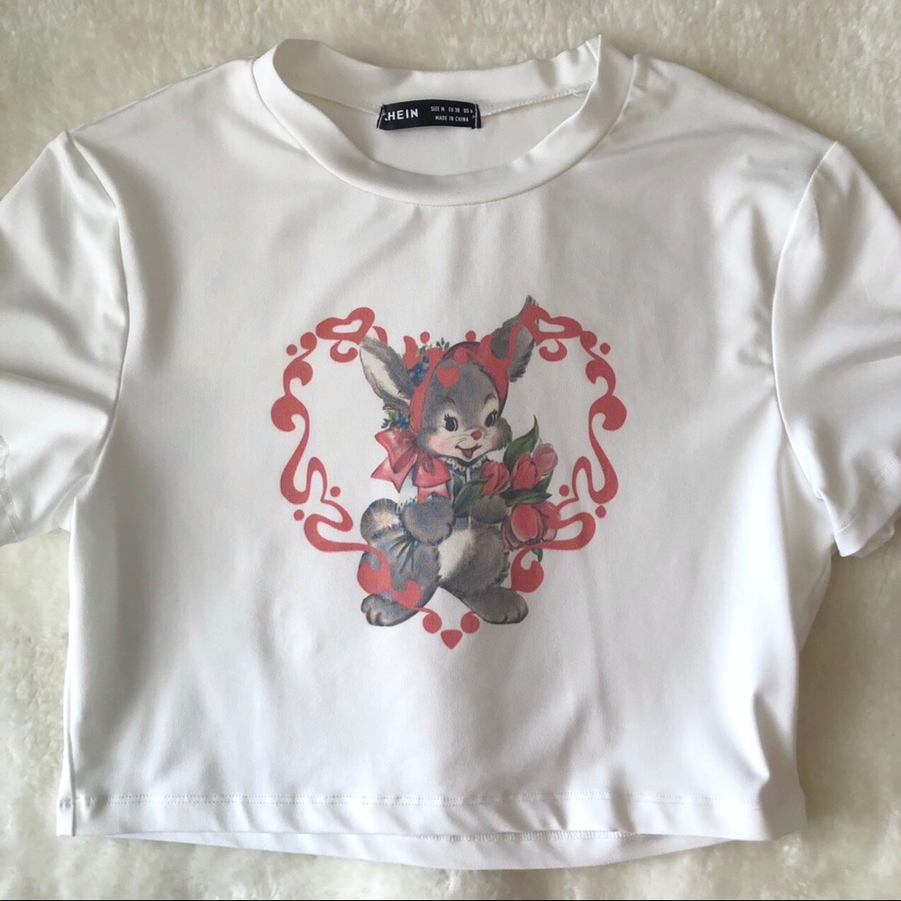 white and pink bunny heart cropped shein shirt